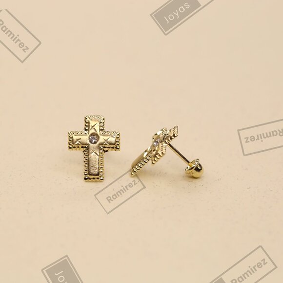 14K Yellow Gold Cross Earrings Religious Dangle Textured Design Fine Jewelry. - Picture 4 of 7
